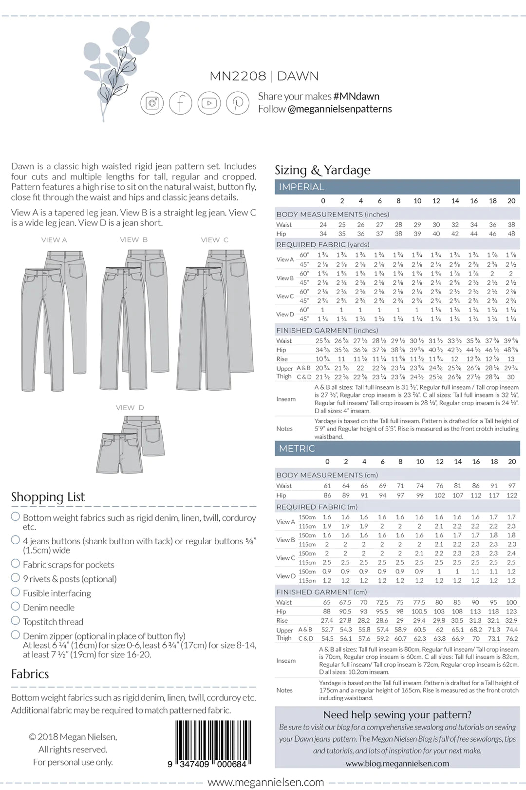 Megan Nielsen Dawn Jeans Pattern