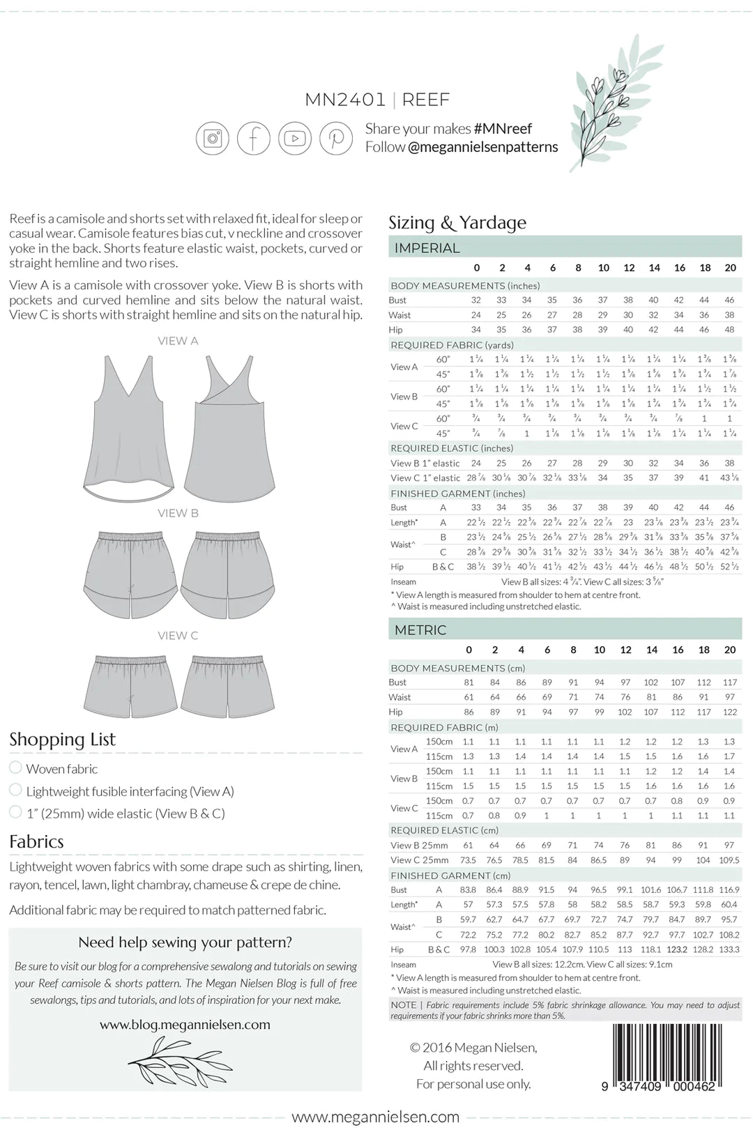 Megan Nielsen Reef Camisole and Shorts Set
