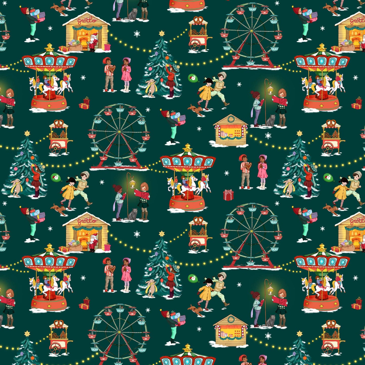 Christmas Fairground Organic Cotton Fabric: Candy Cane Red
