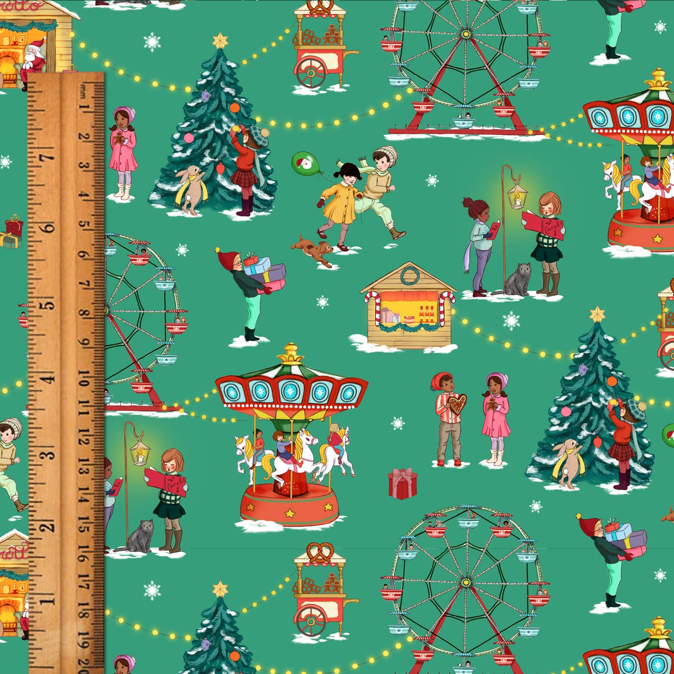 Christmas Fairground Organic Cotton Fabric: Candy Cane Red