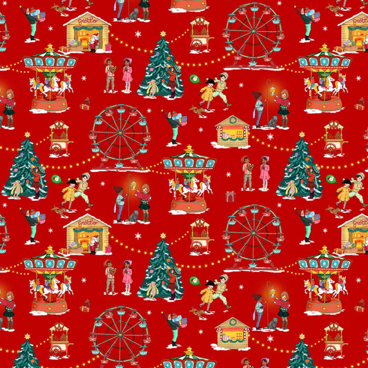 Christmas Fairground Organic Cotton Fabric: Candy Cane Red