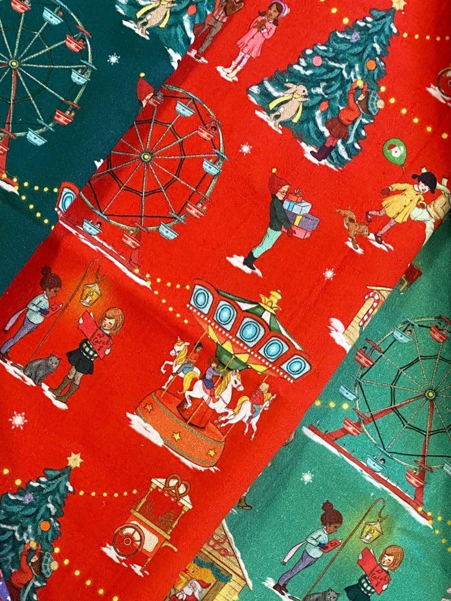 Christmas Fairground Organic Cotton Fabric: Candy Cane Red
