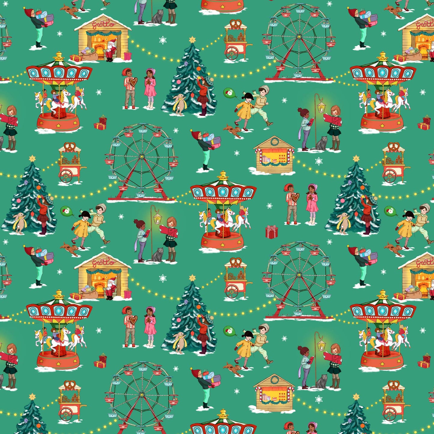 Christmas Fairground Organic Cotton Fabric: Candy Cane Red